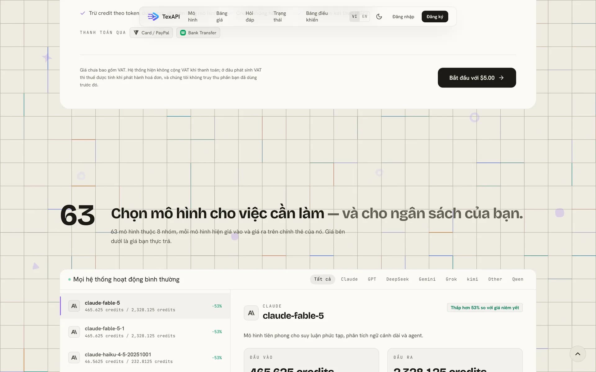 Danh mục 63 mô hình AI của TexAPI với giá vào và giá ra công khai